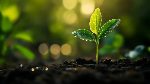 Dew-kissed green seedling glows softly in golden light.