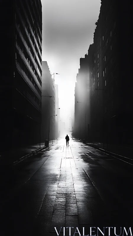 Solitary figure walks into foggy high contrast city street.