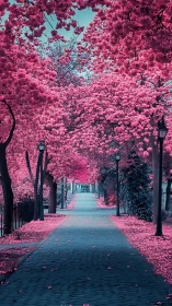 Pink blossom tree tunnel over quiet cobblestone path.