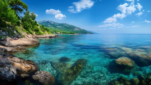 Turquoise rocky coastline under clear summer sky panorama.