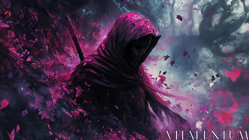 Hooded shadow warrior emerges in swirling magenta storm