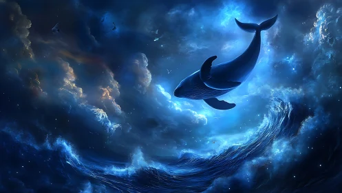 Dreaming with the cosmic whale above moonlit oceanscape.
