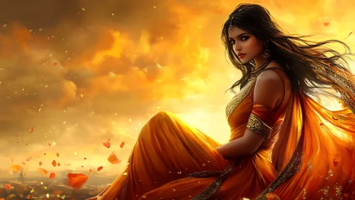 Golden sunset surrounds a serene woman in flowing orange silk