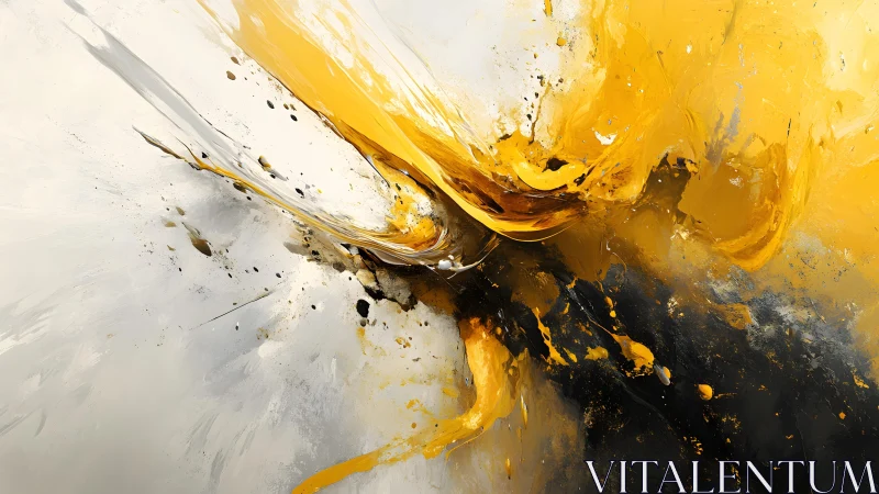 Dynamic yellow and black abstract painting with energetic brushstrokes.