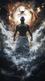 Ascending figure in storm-torn clouds beneath fiery celestial portal