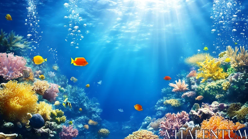Sunlit coral reef teems with tropical fish in clear water.