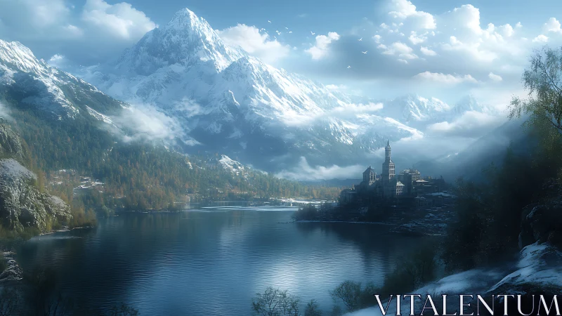 Snow-covered mountains overlook a lakeside settlement