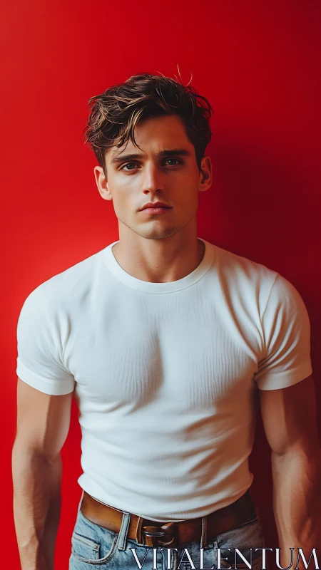 Thoughtful young man in white tee against bold red wall.