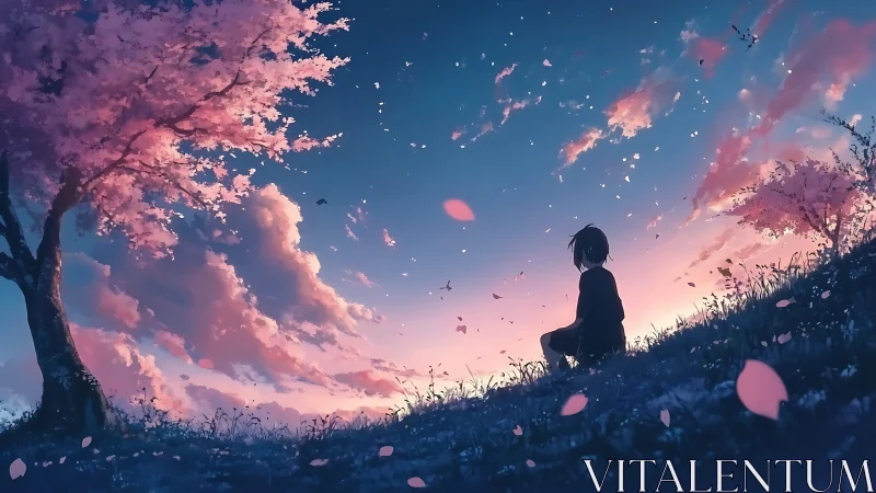 Solitary child beneath luminous cherry blossom dusk sky.