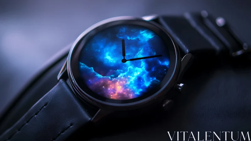 Photorealistic wristwatch with cosmic nebula dial design.