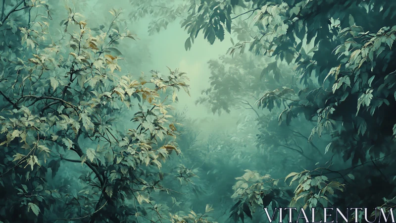 Soft mist drifting through a tranquil teal forest canopy.