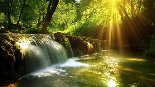 Serene Waterfall in Sunlit Forest, Lush Greenery, Natural Beauty.