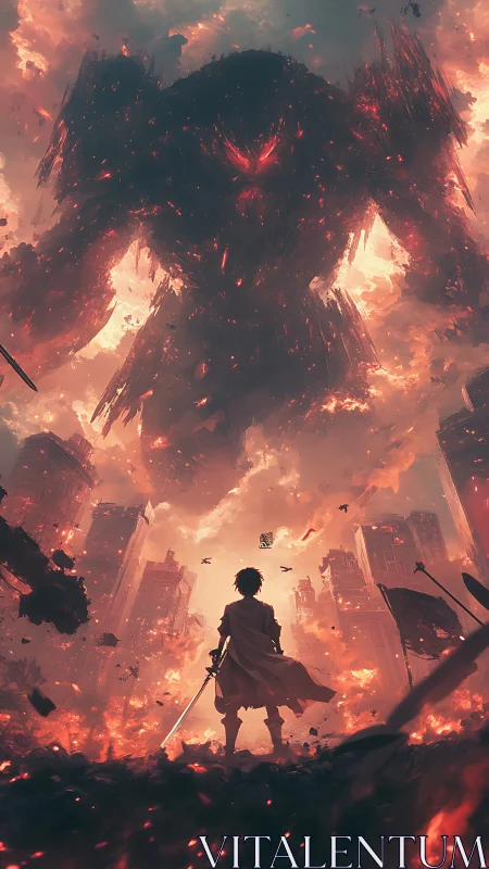 Volcanic colossus confronting lone swordbearer in ruinous skyline.