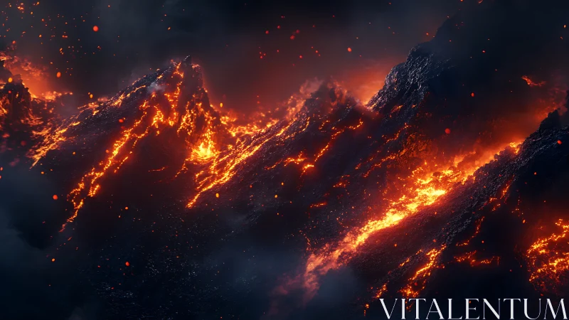 Molten Lava Flows Through Volcanic Terrain at Dusk.