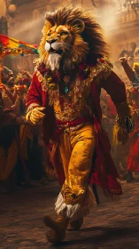 Regal lion dancer strides through blazing festival street.