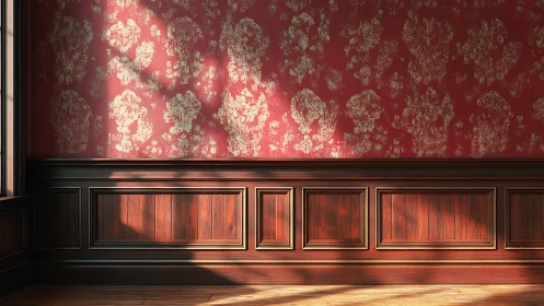 Red damask wall with wood wainscoting in sunlight.