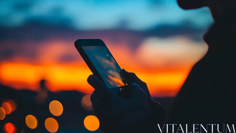 Silhouette uses smartphone against vivid city sunset glow.