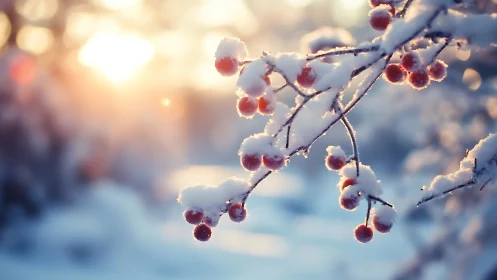 Snow-dusted red berries glowing in soft winter sunrise light.