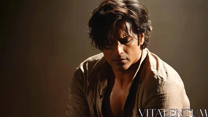 Brooding man in warm cinematic light conveys quiet intensity