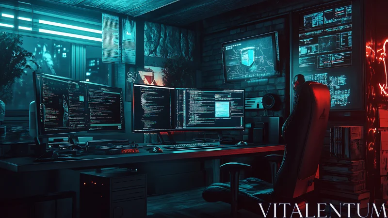 Cyberpunk coding workstation with triple monitors at night.