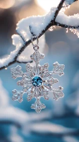 Macro capture of jeweled snowflake pendant on snowy branch in bokeh