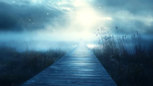 Mystic wooden pier vanishing into luminous foggy horizon.