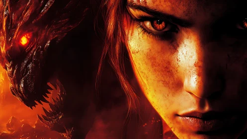 Fiery warrior and dragon locked in a blazing, fierce bond.