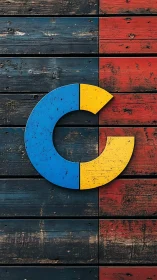 Color-blocked wooden C on distressed rustic planks.