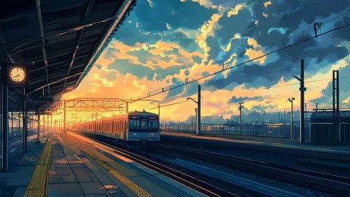 Sunlit commuter train departs under dramatic cinematic sky