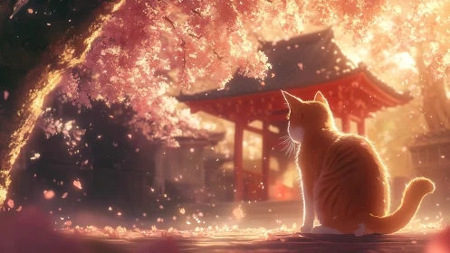 Backlit cat observes shrine under radiant cherry blossoms