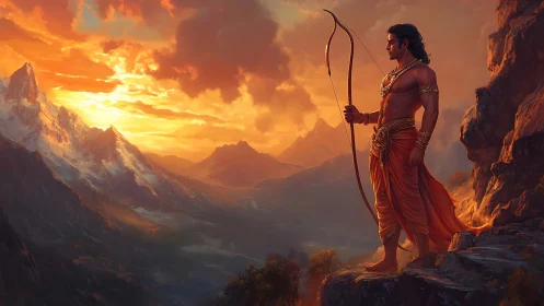 Warrior archer overlooking glowing alpine valley at sunset