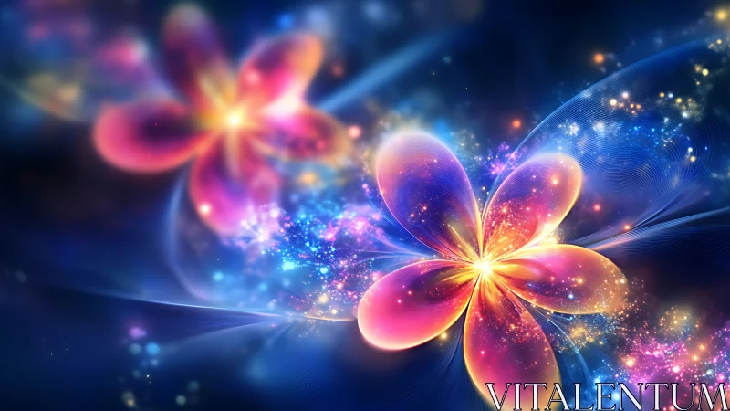 Glowing cosmic flowers blooming in a dreamy night sky.