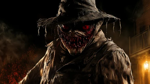 Grotesque scarecrow horror figure under eerie lamplight.