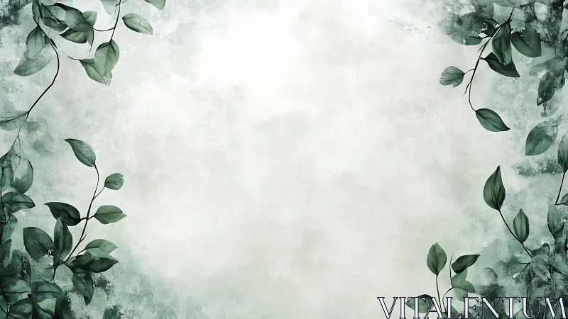 Delicate green vines frame a softly textured watercolor field