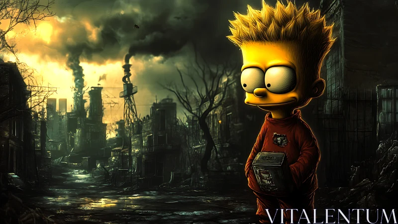 Cartoon boy studies desolate industrial apocalypse in glow.