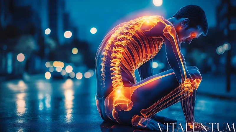 Man crouches on wet street with glowing skeletal overlay