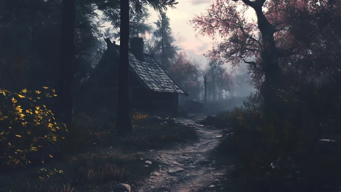 Atmospheric Forest Path Rendered with Advanced Volumetric Lighting and Chromatic Separation
