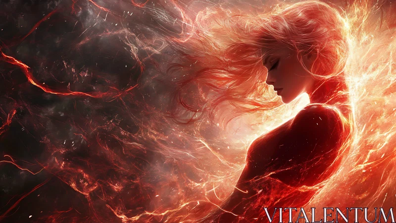 Silhouetted female figure merged with swirling fire energy.