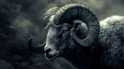 High contrast ram portrait with curled horns in moody fog