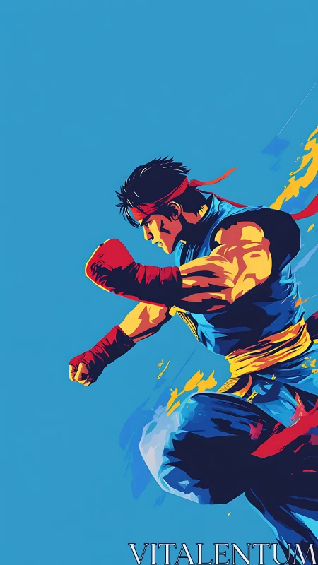 Martial artist in dynamic midair punch on blue background.