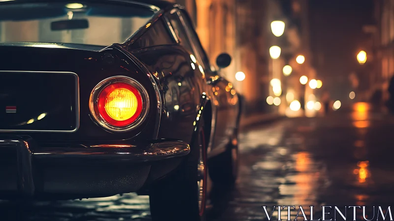 Classic car glow on a quiet cobblestone night street.