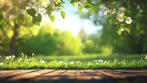 Gentle spring morning over a sunlit wooden garden path.