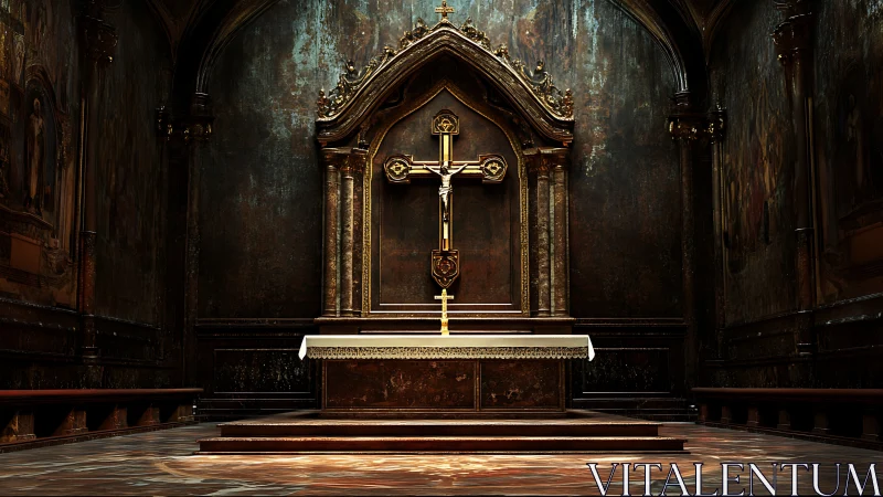 Gilded cathedral altar with crucifix under dramatic light.