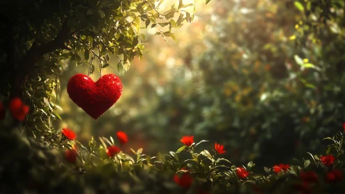 Red Heart Suspended Among Golden Foliage and Blooming Garden.