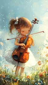 Young girl playing violin in bright floral meadow illustration.