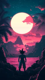 Neon anime warrior silhouette before hyper-lunar seascape.