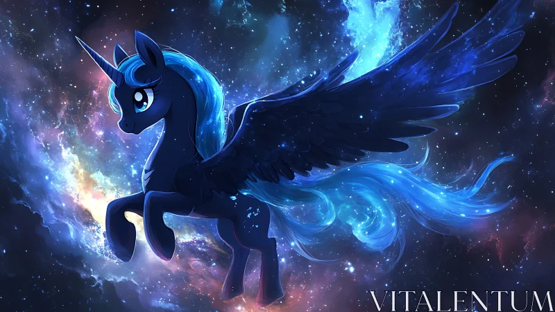 Starlit alicorn drifts through nebula-kissed cosmic night.