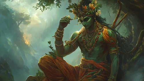 Forest-crowned deity in emerald light and marigold drapery.