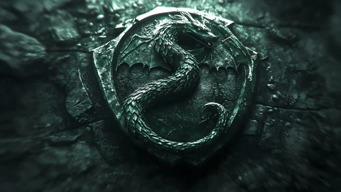 Serpentine dragon sigil coils across a weathered stone shield.