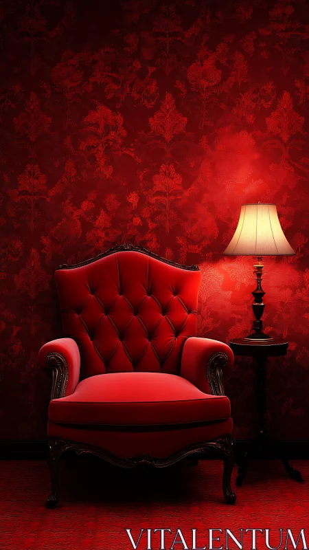 Velvet red armchair beside lamp in moody patterned parlor.